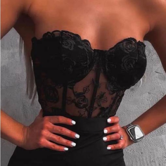 Chain Decor Contrast Lace Bandeau Sleeveless Plain Mini Corset Dress - Picture 4 of 5